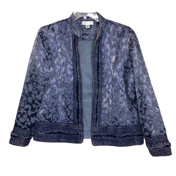 COLDWATER CREEK - Blue Cotton Damask Open Front Round Neck Jacket - Size Large - Picture 1 of 6